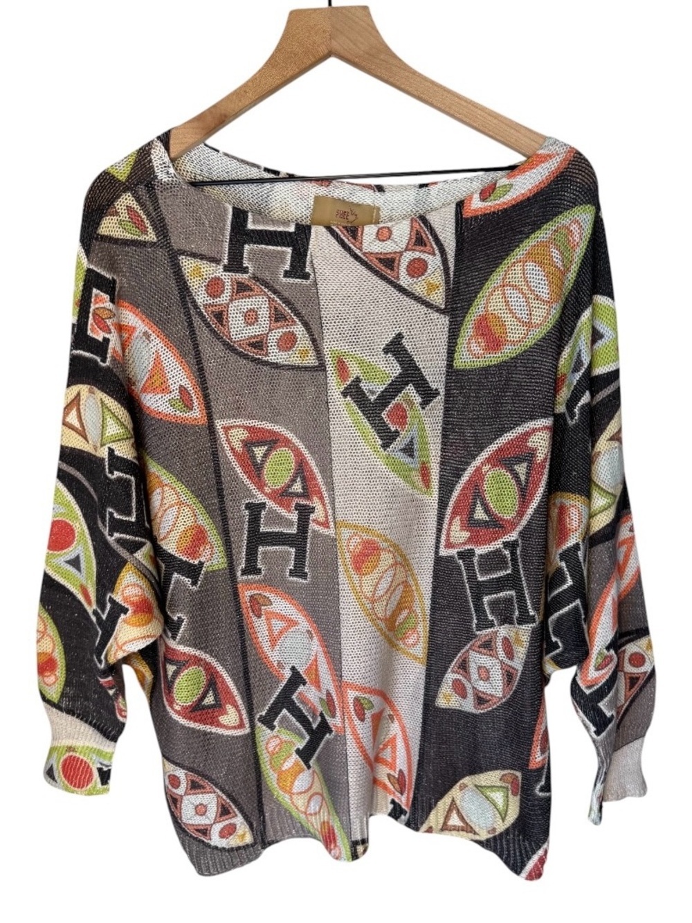 FREE For HUMANITY Open Knit Dolman Sleeve Artsy Abstract Boho Sweater Sz L